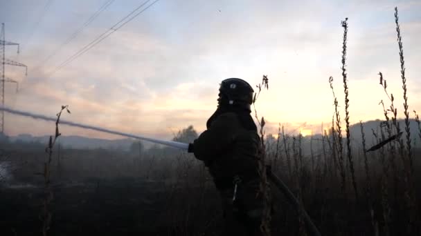 Üniformalı Erkek Itfaiyeci Kırsal Kesimdeki Yangın Hortumuyla Yanan Otları Söndürüyor — Stok video