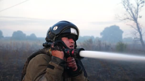 Berufsfeuerwehrmann Voller Ausrüstung Löscht Flammen Auf Wiese Feuerwehrmann Uniform Löscht — Stockvideo