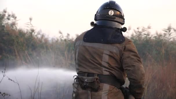 Επαγγελματίας Πυροσβέστης Πλήρη Εξοπλισμό Σβήνει Φλόγα Στο Πεδίο Άνδρας Πυροσβέστης — Αρχείο Βίντεο