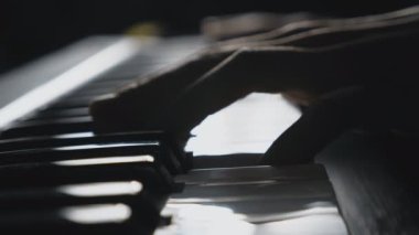 Parmak piyanist synthesizer tuşlarına basarak kapatın. Adamın elleri synthesizer solo müzik çalar. Ağır çekim yan görünümü izole atış.