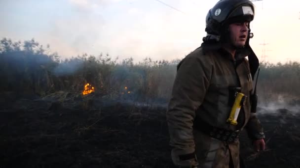 Młody Strażak Mundurze Chodzący Spalonej Trawie Wsi Mężczyzna Fireguard Pełnym — Wideo stockowe