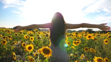 Young inspired girl with raised hands standing among field with blooming sunflowers. Woman enjoying freedom or summer sunny day. Scenic rural landscape at background. Outdoor leisure concept. Close up