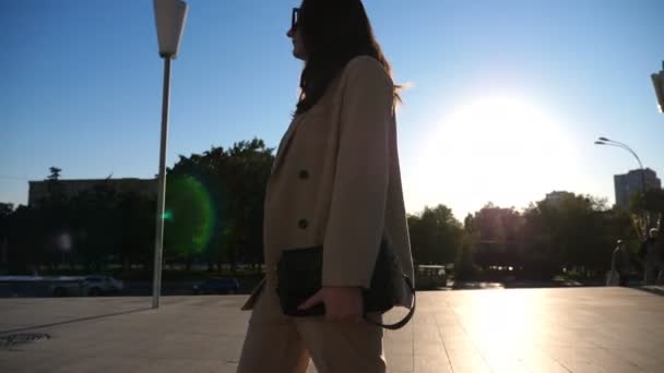 Αυτοπεποίθηση Επιχειρηματίας Πηγαίνει Στη Δουλειά Όμορφη Κυρία Γυαλιά Ηλίου Που — Αρχείο Βίντεο
