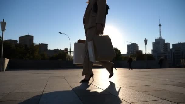 Νεαρή Πελάτισσα Που Κρατάει Τσάντες Για Ψώνια Περπατώντας Στην Πλατεία — Αρχείο Βίντεο