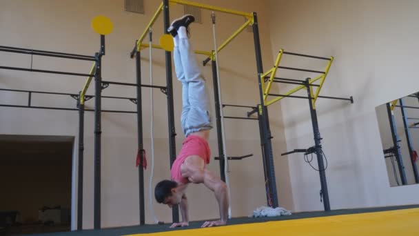 Gimnasta Muscular Haciendo Flexiones Puesto Mano Gimnasio Joven Atleta Ropa — Vídeo de stock