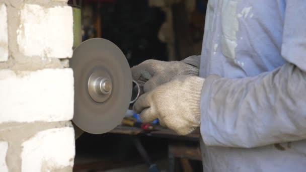 Hands Mechanic Holding Metal Detail Sharpening Grindstone Man Working Garage — Stock Video