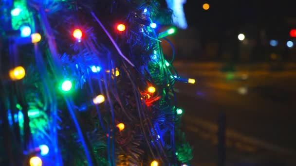 Крупные Ветви Рождественского Дерева Украшены Яркими Гирляндами Открытом Воздухе Светящимися — стоковое видео