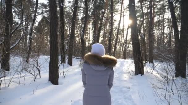 Happy Woman Winter Clothes Throwing Handful Snow Attractive Girl Enjoying — Stock Video