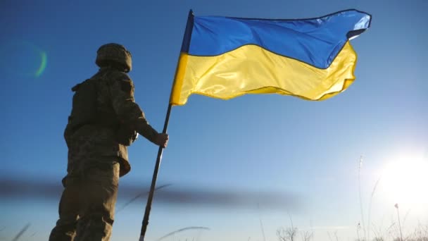 Soldado Masculino Del Ejército Ucraniano Levantando Bandera Nacional Contra Cielo — Vídeos de Stock