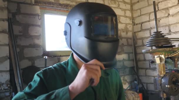 Welder Opens Mask Looks Camera Wiping His Face Hand Portrait — Stock Video