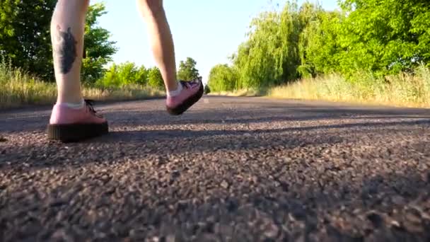 Mujer Hippie Joven Vestido Negro Caminando Por Camino Vacío Campo — Vídeo de stock