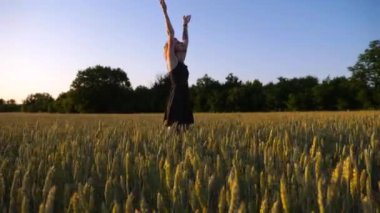 Gün batımında yeşil arpa tarlasında elini kaldıran genç punk kadın. Dövmeli, kaygısız hippi kız yaz gününde buğday çayırında özgürlüğün tadını çıkarıyor. Güzel manzara manzarası.