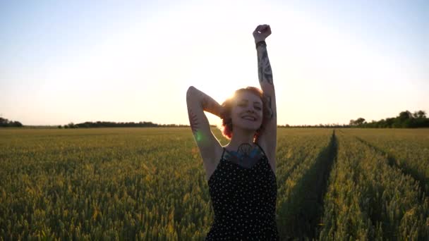 若い女性のヒップスターは 日没時に緑の野原でカメラにポーズをとります 小麦の牧場で休憩し 自由を楽しんでいるタトゥーを持つケアフリーパンクガール バックグラウンドで美しい風景 — ストック動画