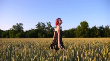 Pembe saçlı mutlu bayan hippi gün batımında yeşil arpa tarlasında yürüyor. Buğday tarlasında dolaşan ve özgürlüğün tadını çıkaran dövmeli güzel punk kızı. Arka planda manzaralı kırsal alan.