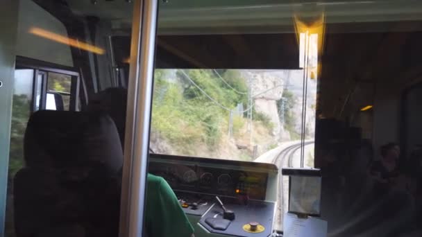 Onherkenbare Machinist Rijdt Elektrische Trein Tussen Bergwegen Standpunt Van Bestuurderscabine — Stockvideo