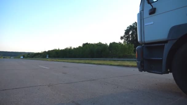 高速道路を走行するトラック ロリーは田舎を横断する アスファルトでトラックの車輪 スピニングタイヤのクローズアップ サイドビュー スローモーション — ストック動画