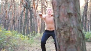 Genç adam güneşli bir ormanda çalışıyor. Sportif adam gün batımında çömelme hareketleri yapıyor. Doğada atlet eğitimi. Sağlıklı ve aktif yaşam tarzı kavramı. Dolly vuruldu. Yaklaş..