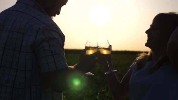 Šťastný Pár Dělá Radost Bílým Vínem Nebo Sklenice Šampaňského Pozadí — Stock video