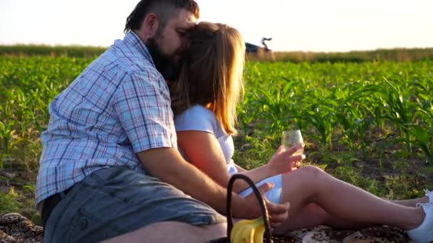 日落时分 一双戴着白色酒杯的年轻夫妇躺在玉米地上 一家人在大自然中野餐 一对快乐的夫妇在农村庆祝他们的结婚周年纪念日 爱与幸福 — 图库视频影像