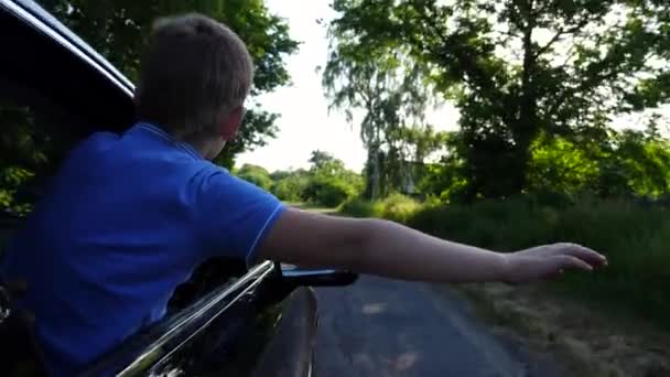 Little Boy Leaning Out Auto Window Holding His Hand Out — Stock Video