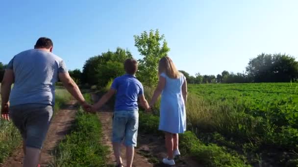 小さな息子を持つ若い両親は 緑の牧場の近くの田舎の道を歩いて互いに手を握っています 養殖場の近くの道を歩いている母親と父親 一緒に過ごす家族の時間 — ストック動画