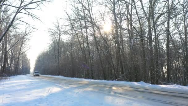 雪の中を白い車で高速氷の道覆われた乗馬 晴れた日には冬の森の中を空の田舎道を行くSuv 自動風光明媚な風景の道を移動します 旅行のコンセプト トップ表示ドローン撮影 — ストック動画