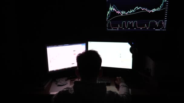 リアルタイムの株式 商品および外国為替チャートを分析する夜間に働く金融アナリスト ブローカー オンライン取引 ビットコインBtcと株式市場または暗号取引の概念 データ分析 — ストック動画