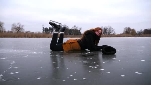 Young Sportswoman Tired Training Lying Ice Surface Outdoor Female Skater — Stock Video