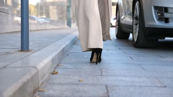 穿着高跟鞋的女商人走进了办公大楼附近的现代汽车 年轻的女商人走进汽车 穿着西服的优雅女士开车上班或碰头 慢动作 — 图库视频影像