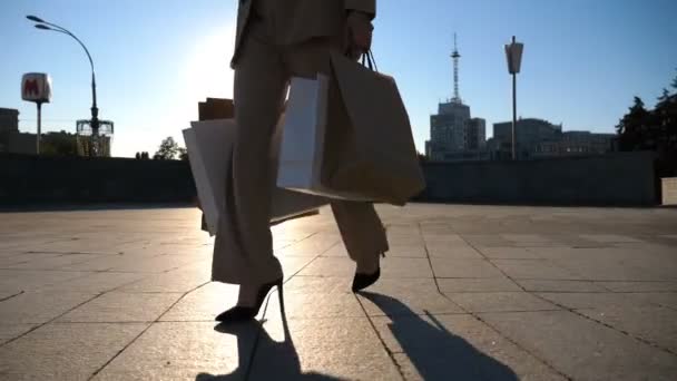 Attractive Woman Holds Shopping Bags Going City Street Purchases Beautiful — Video Stock