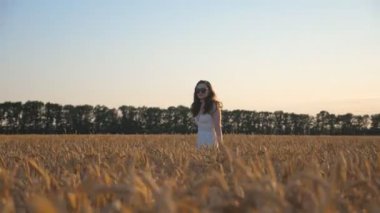 Side view to attractive woman walking through wheat field at sunny day. Camera tracking girl enjoying summer nature on meadow with ripe golden crop ears. Freedom concept. Slow motion Dolly shot.