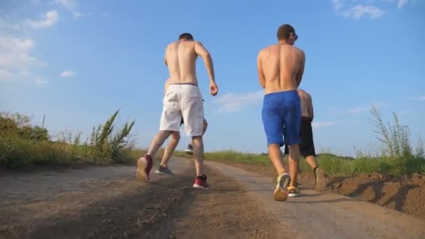 Friends Walking Country Road Having Fun Group Happy Boys Fool — Stock Video