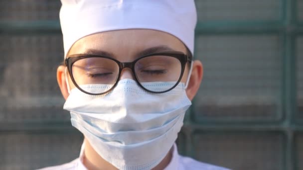 Portrait Young Female Doctor Medical Face Mask Looks Camera Medical — Stock Video