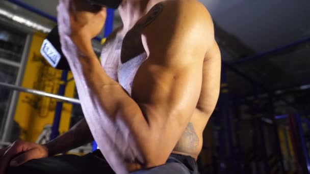 Esportista Afro Americano Musculoso Treinar Bíceps Com Halteres Clube Desportivo — Vídeo de Stock