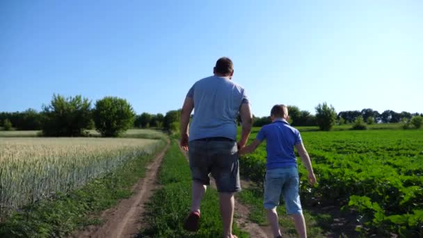 Padre Con Pequeño Hijo Abrazan Uno Otro Caminando Entre Caminos — Vídeo de stock