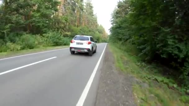 Suivez Voiture Blanche Travers Route Forestière Suv Conduite Belle Route — Video