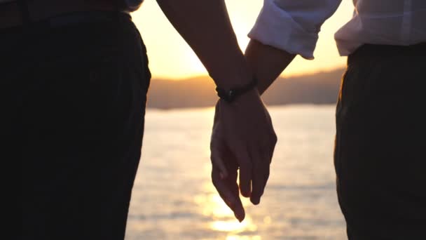 夕阳西下 男性和女性手挽手的轮廓 与海相映衬 一对年轻夫妇在户外拥抱 爱与幸福的概念 闭合后视镜慢动作 — 图库视频影像