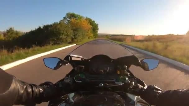 Point View Motorcycle Rider Rides Rural Road Viewpoint Motorcyclist Driving — Stock Video