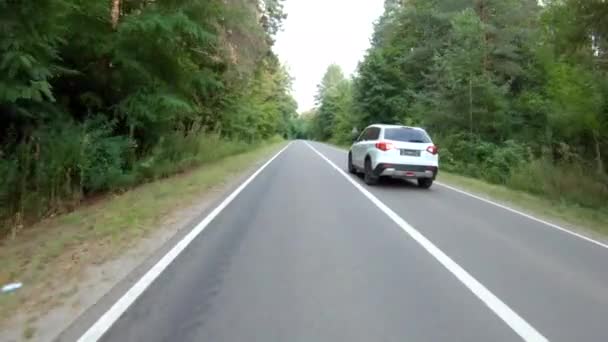 Volg Naar Witte Auto Rijden Door Bosweg Suv Rijden Prachtige — Stockvideo