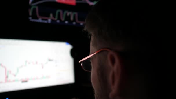 年轻人晚上在电脑上工作 经纪人分析实时股票商品和外汇图表的概况 金融分析师在股票市场上进行在线交易 自由职业的概念 — 图库视频影像