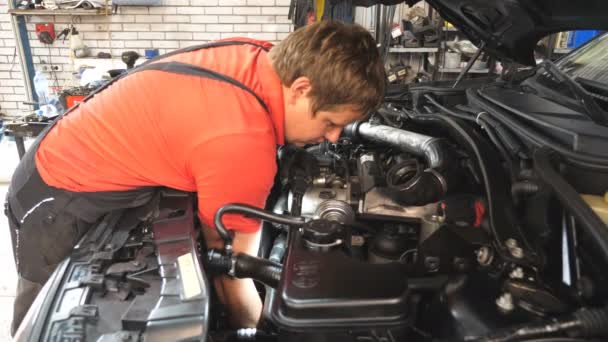 Mechanik Wykonuje Konserwację Samochodu Serwisie Samochodowym Profesjonalny Mechanik Sprawdza Silnik — Wideo stockowe