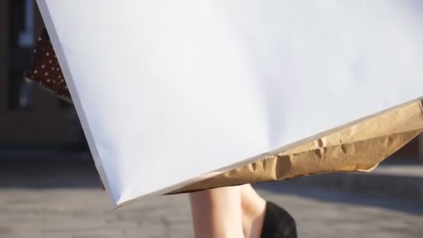 Νεαρή Γυναίκα Πελάτης Κρατά Τσάντες Ψώνια Πόδια Στο Πεζοδρόμιο Μετά — Αρχείο Βίντεο