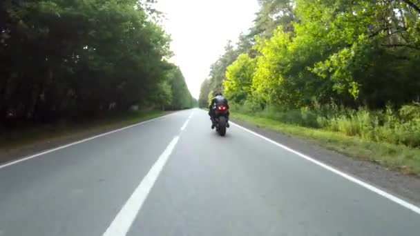 ウッドランド カントリー ロードではオートバイレースが行われる ヘルメットの男は森の近くの田舎道でスポーツバイクに乗っている 旅行中にバイクを運転する男 自由と冒険の概念 空中射撃 — ストック動画
