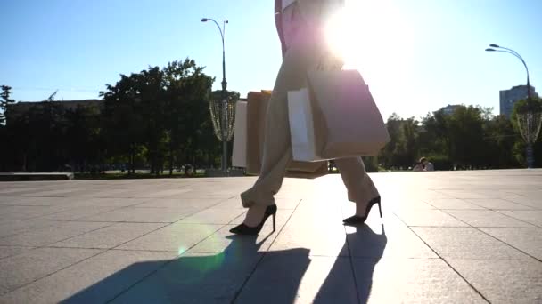 Fashionable Woman Carries Paper Packets Going Urban Street Young Female — Stock Video