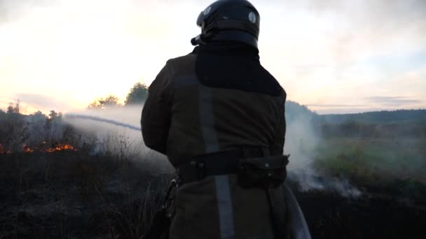 制服姿の男消防士は田舎の消防ホースを使って乾いた草を燃やすことを消す 現場に炎を出すフル装備のプロの消防士 英雄的な職業と火災安全コンセプト — ストック動画
