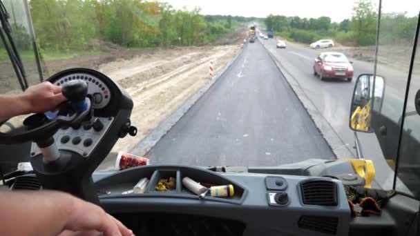 Hand Worker Holding Steering Wheel Controlling Steamroller Roadwork Roller Laying — Stock Video