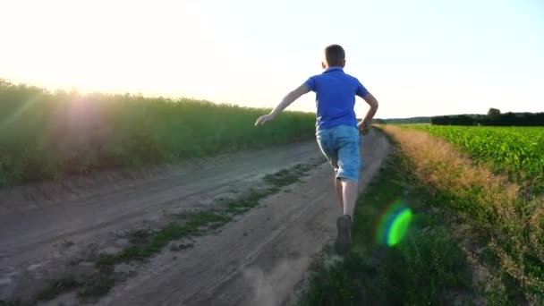 認識できない小さな男の子のサンダル地上道路でほこりの痕跡を残して実行している カメラは牧草地を通って幸せな子供のジョギングや夏を楽しむために従います 子供時代や夏のコンセプト スローモーション — ストック動画