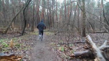 Orman yolunda koşan genç bir sporcu. Sportif koşucu sonbahar ormanında patika boyunca koşuyor. Açık havada kardiyo eğitimi alan güçlü ve dayanıklı bir sporcu. Sağlıklı aktif yaşam tarzı kavramı.