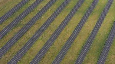 Çiftlik arazisi çayırlarına ya da kırsal alanlara kurulmuş enerji güneş panellerinin hava görüntüsü. Güneş paneli çiftliği elektrik üretiyor. Ekoloji ve yenilenebilir yeşil enerji kavramı. Üst görünüm.
