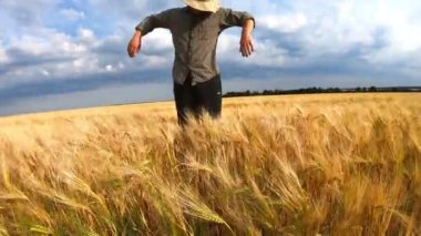 Erkek tarım uzmanı olgun buğday çayırında duruyor ve korkuluk gibi görünüyor. Genç çiftçi, Golden Arpa Tarlası 'nda birini korkutup kaçırıyor. Tarım sektörü kavramı. Turna atışı.